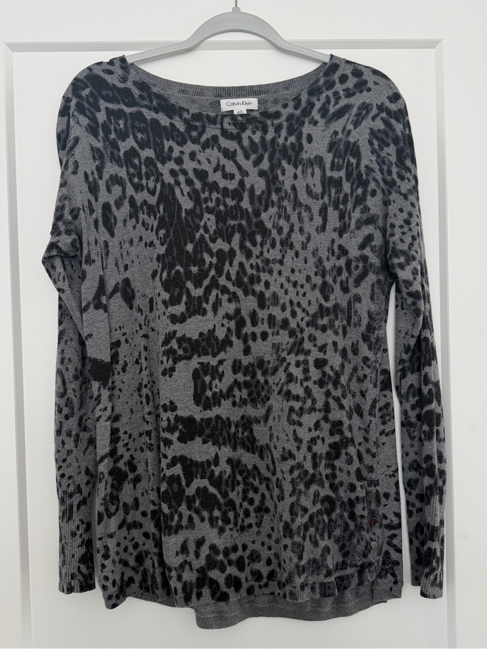 Calvin Klein Gray and Black Leopard-Print Long Sleeve Top
